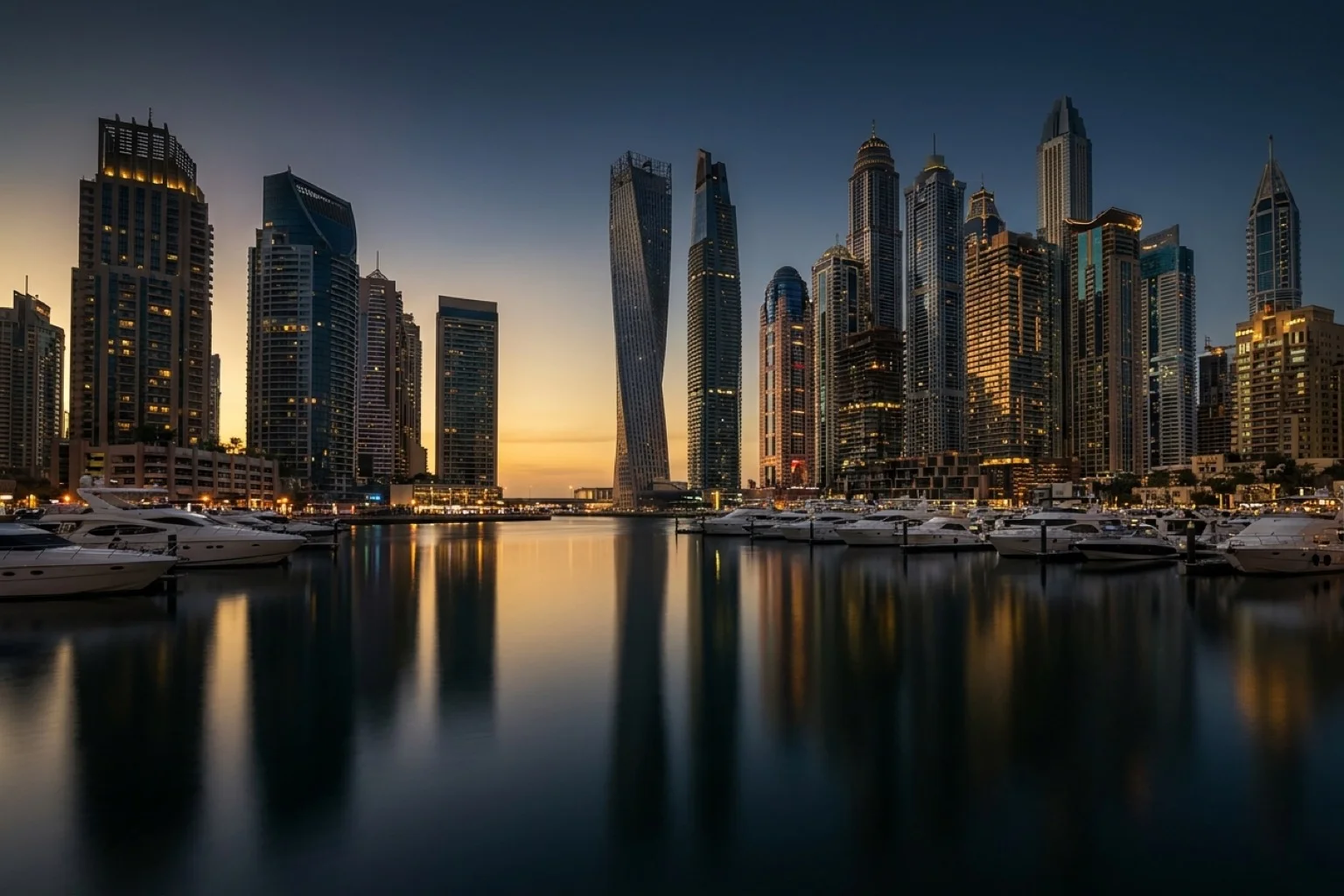 Dubai skyline with luxury waterfront towers at golden hour